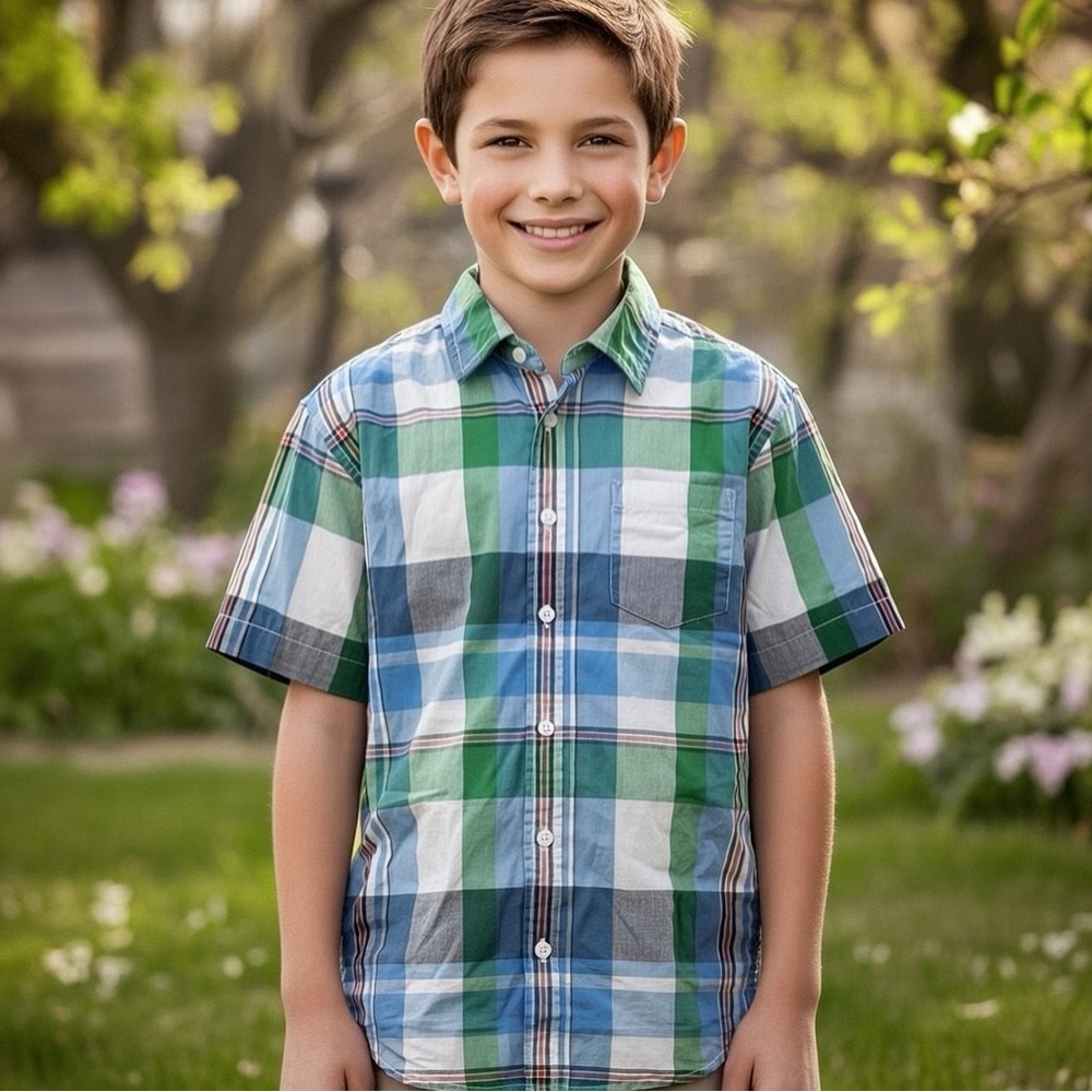 Gymboree Boys Plaid Short Sleeve Shirt - Green Blue and White Size 10-12 Easter